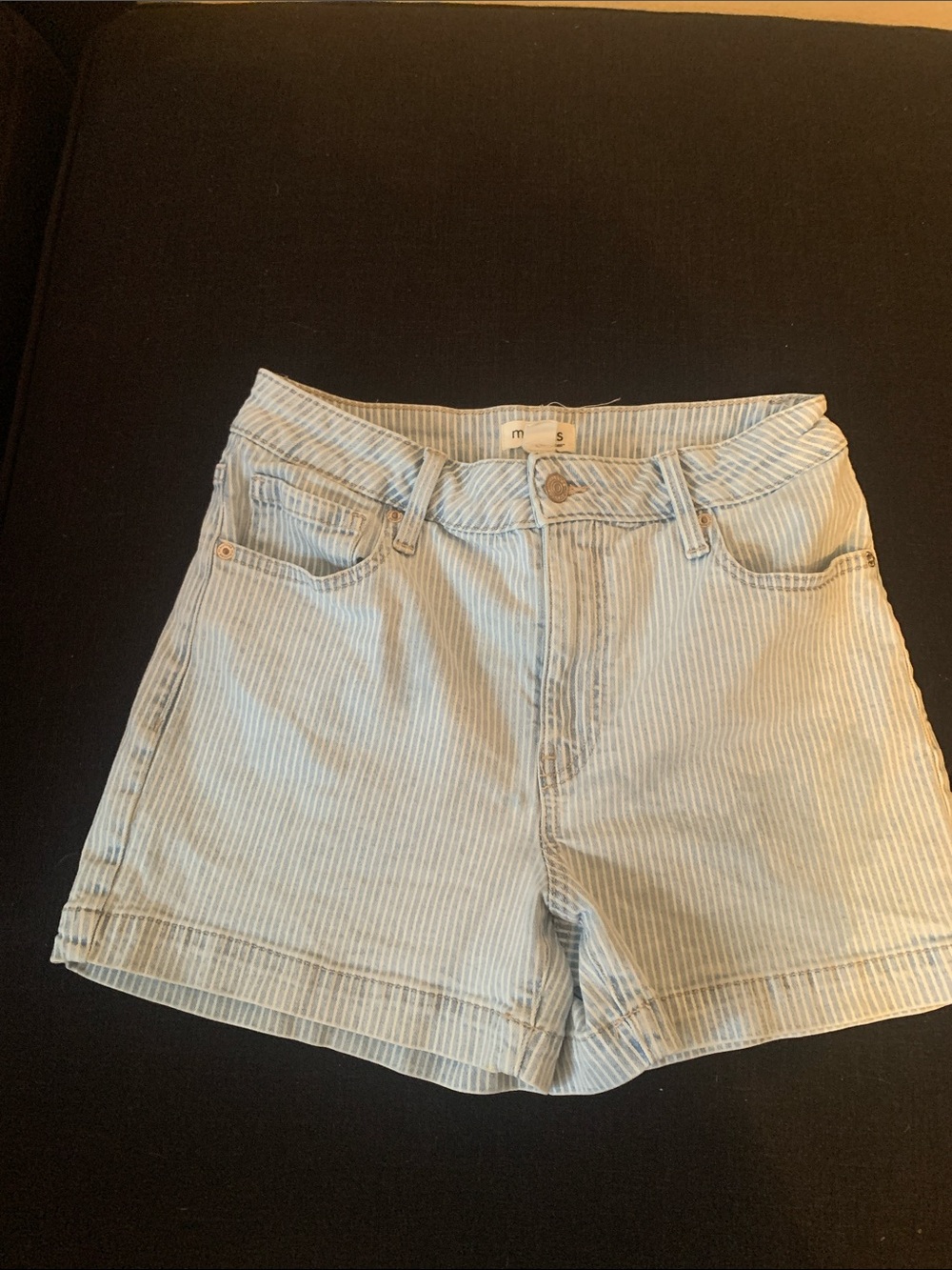 M Jeans by Maurices Light Blue Pinstripe Denim Shorts, Woman Size 8.